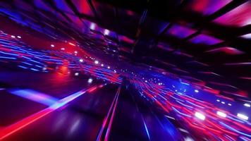 volante attraverso un' futuristico tunnel con neon luci. ciclo continuo animato video