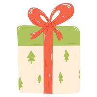 caja de regalo de navidad o año nuevo en estilo de dibujos animados. ilustración vectorial dibujada a mano de regalo con cinta roja y lazo vector