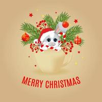 Postcard with rabbit or hare, Christmas tree and balls in cup. vector