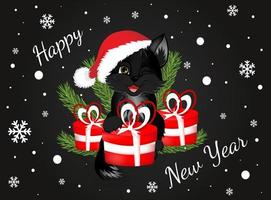 postal de saludo. feliz año nuevo y feliz navidad con gato negro y cajas de regalos rojas. vector