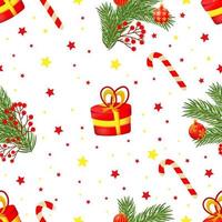 Seamless pattern with red christmas tree, gifts on white background. vector