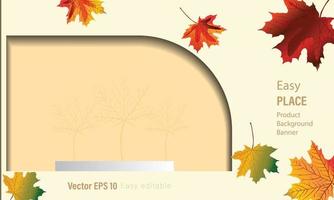 autumn product banner, podium platform with geometric shapes and nature background, paper illustration, and 3d paper. vector