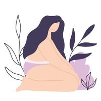 Woman body positive. Poster with girl and leaves. Vector illustration. Flat style.