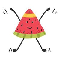 Cute watermelon is jumping. Sports, hobbies, exercises. Fruit character.Vector watermelon in kawaii style. Sports healthy watermelon. The concept of doing sports. vector