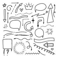 Set of underlines, arrows and frames in doodle style. Vector illustration. Collection of hand drawn elements for highlighting.