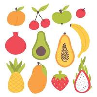 A set of delicious fruits. Collection of hand drawn fruits. Banana, papaya, dragon fruit, mango, avocado, pineapple. Flat style. Vector illustration.