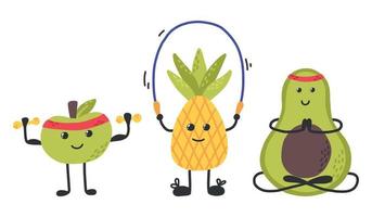 personajes de frutas conjunto de personajes con frutas. frutos deportivos. estilo dibujado a mano. ilustración vectorial la manzana, la pera y el aguacate lucen. vector