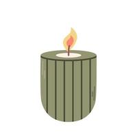 Lit candle in green candlestick, vector flat illustration on white background