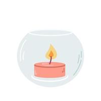 Lighted candle in glass candlestick on white background, vector flat illustration