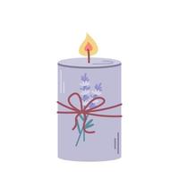 Lit aromatic lavender candle on white background, vector flat illustration