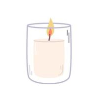 Lighted candle in transparent glass on white background, vector flat illustration