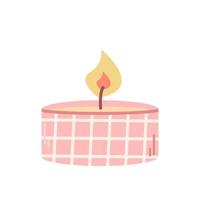 Liit candle in pink candlestick, vector flat illustration on white background