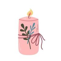 Lit pink candle with fragrant twigs tied with string on white background, vector flat illustration