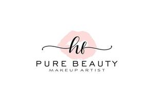 diseño de logotipo prefabricado inicial de labios de acuarela hf, logotipo para marca comercial de artista de maquillaje, diseño de logotipo de boutique de belleza rubor, logotipo de caligrafía con plantilla creativa. vector