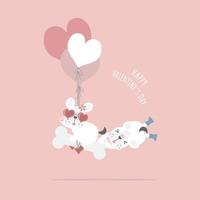 linda y encantadora mano dibujada linda pareja bulldog francés pug con globo y hueso, feliz día de san valentín, concepto de amor, ilustración de vector plano diseño de vestuario de personaje de dibujos animados