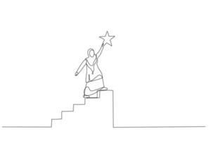 el dibujo de una mujer musulmana sube las escaleras hasta la cima para alcanzar la preciosa recompensa de la estrella. concepto de logro. estilo de arte de una línea vector