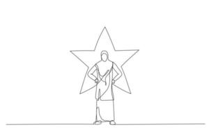 Cartoon of muslim woman standing with glowing star on his background. Single line art style vector