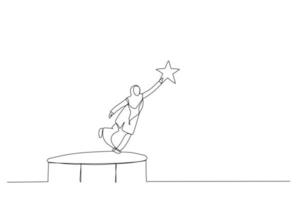 Illustration of muslim woman bounce on trampoline jump flying high to grab star. Metaphor for achievement. Single line art style vector