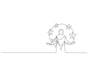 Drawing of five stars performance score by muslim woman. Metaphor for feedback and comments. One line art style vector
