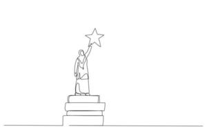 Cartoon of muslim woman reach out for the stars by using books as the platform. Single continuous line art vector