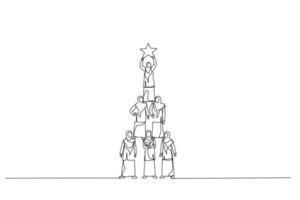 Illustration of teamwork muslim woman pyramid to reach star. Single continuous line art style vector