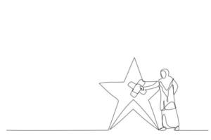 Drawing of muslim woman fix broken rating star with bandage. Metaphor for reputation management. One line art style vector