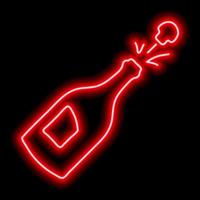 Open bottle of champagne with a flying cork. Neon red outline on a black background. Illustration vector