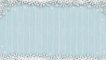 Christmas background with snowflakes on blue wood texture,Vector Winter scene with snowing on wooden panel texture,3D display banner backdrop for New Year 2023 or Christmas promotion vector