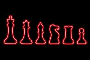 Set of chess figures on black background. Simple neon red outline. Illustration vector