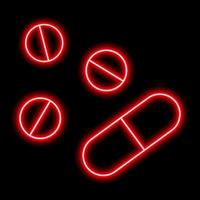 Red neon contour of three tablets and capsule on a black background vector