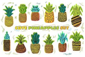 Pineapples vector hand drawn illustration set