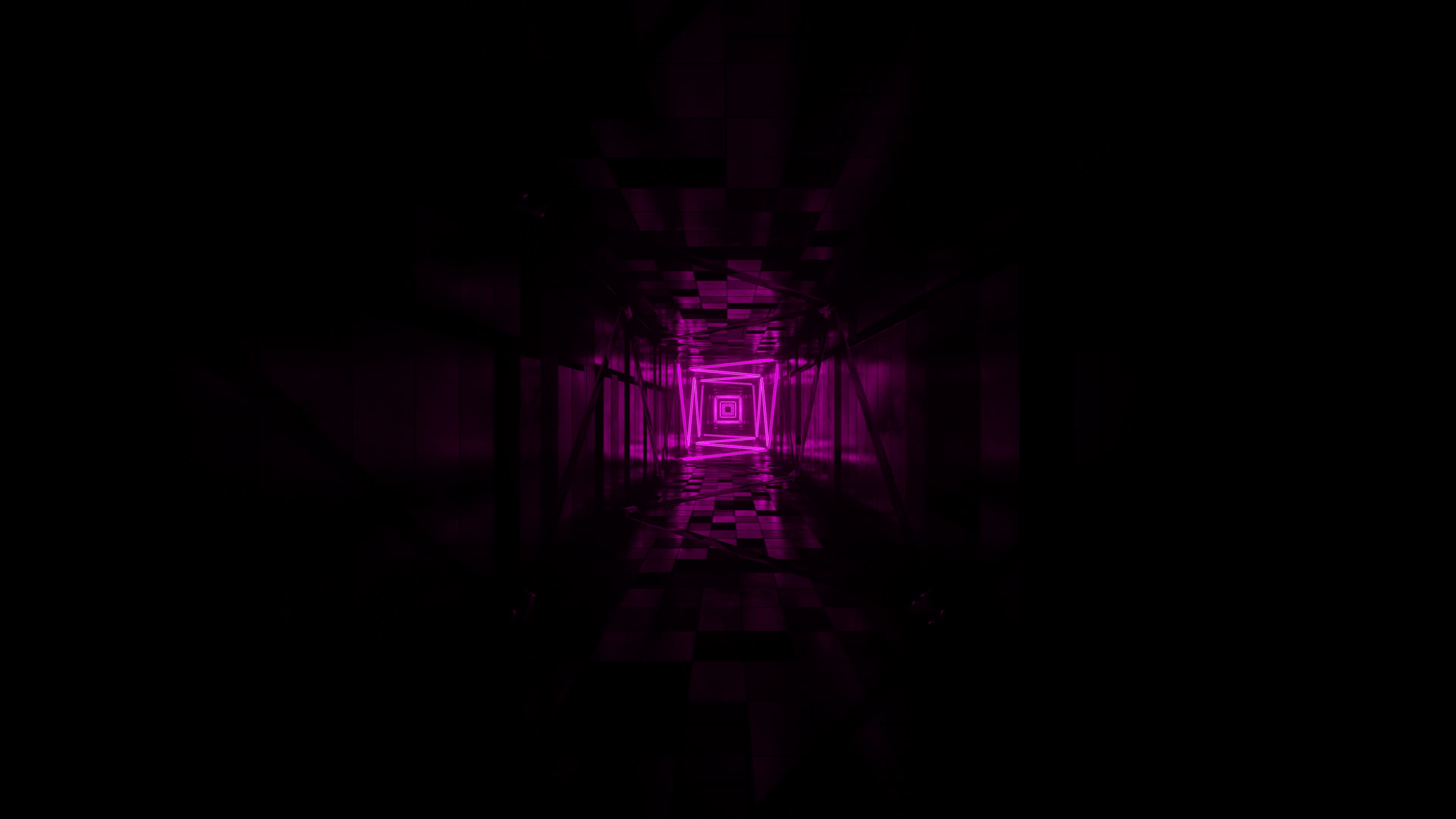 Flying in a tunnel with flashing red fluorescent lights. Infinitely