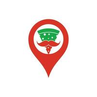 Pizza mustache map pin shape concept logo design template. Mr Pizza logo design concept vector icon.