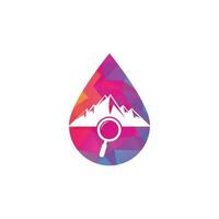 Mountain and loupe drop shape concept logo combination. Nature and magnifying symbol or icon. Magnifying glass and mountain logo design. vector