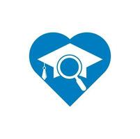 plantilla de logotipo de vector de concepto de forma de corazón de buscador de estudiantes. sombrero graduado y diseño de logotipo de lupa.