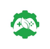 Game and leaf gear shape concept logo design template. Gaming and leaf logo design template vector