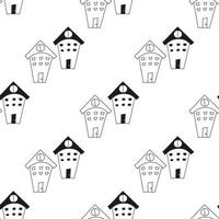 Doodle pattern with houses in black and white. Seamless hand drawn background for kids, fabric, prints vector