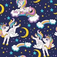 patrones sin fisuras con adorables unicornios en el cielo nocturno vector