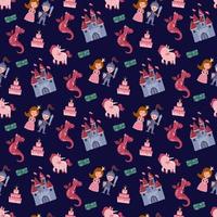 Seamless pattern with princess, prince, castle and dragon. Design for fabric, textile, wallpaper, packaging. vector