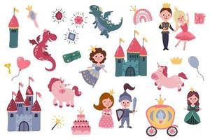 conjunto de ilustraciones con princesas, príncipe, caballero, castillos, unicornios, arco iris, dragones, carruaje. ilustración dibujada a mano. vector. vector