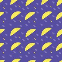 Pattern with yellow umbrellas and raindrops on a purple background. For fabrics and wrapping paper. Vector. vector