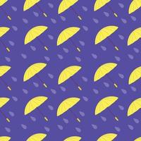 Pattern with yellow umbrellas and raindrops on a purple background. For fabrics and wrapping paper. Vector. vector