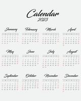 2023 Calendar year vector illustration. The week starts on Sunday. Annual calendar 2023 template. Calendar design in black and white colors, Sunday in red colors. Vector