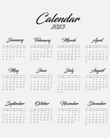 Ilustración vectorial del año calendario 2023. la semana comienza el domingo. plantilla de calendario anual 2023. diseño de calendario en colores blanco y negro, domingo en colores rojos. vector