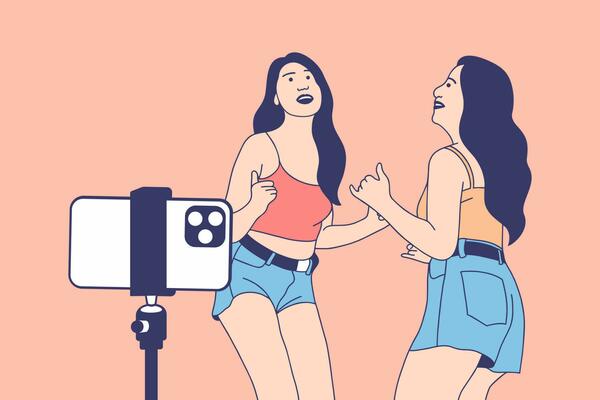 Illustrations Group of Beautiful influencer girl happy recording dancing video with smartphone for tiktok challenge