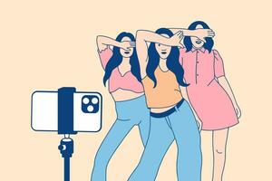 Illustrations Group of Beautiful influencer girl happy recording dancing video with smartphone for tiktok challenge vector