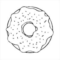 Donut with glaze. Sweet sugar dessert with icing. Outline cartoon illustration isolated on white background vector