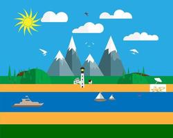 diseño plano de la naturaleza con el telón de fondo de montañas de agua con barcos y veleros vector