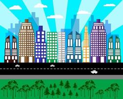 flat cityscape of tall houses in the background of a road of clouds trees vector