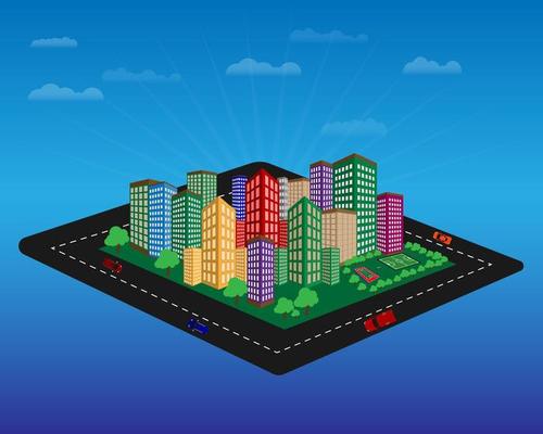 city with high-rise houses sports grounds expensive and cars